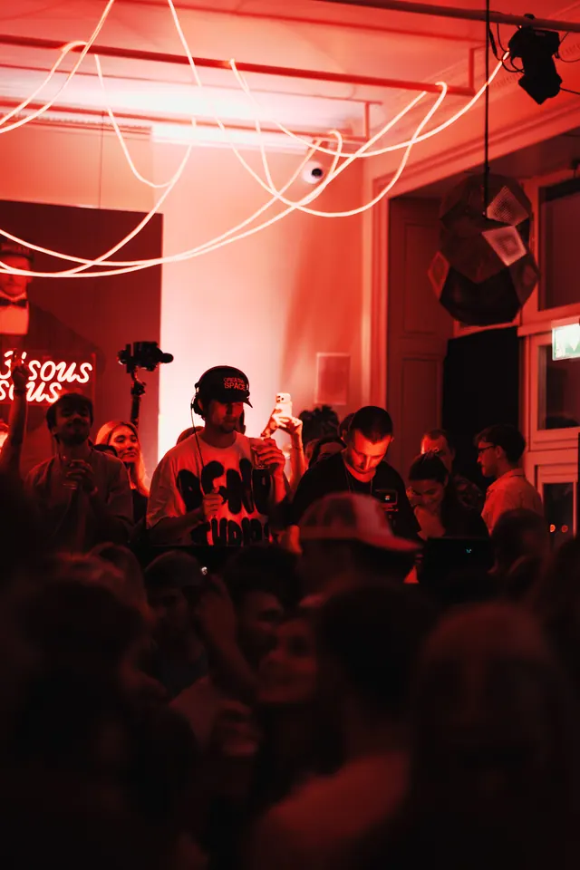 The DJ performing for a lively crowd